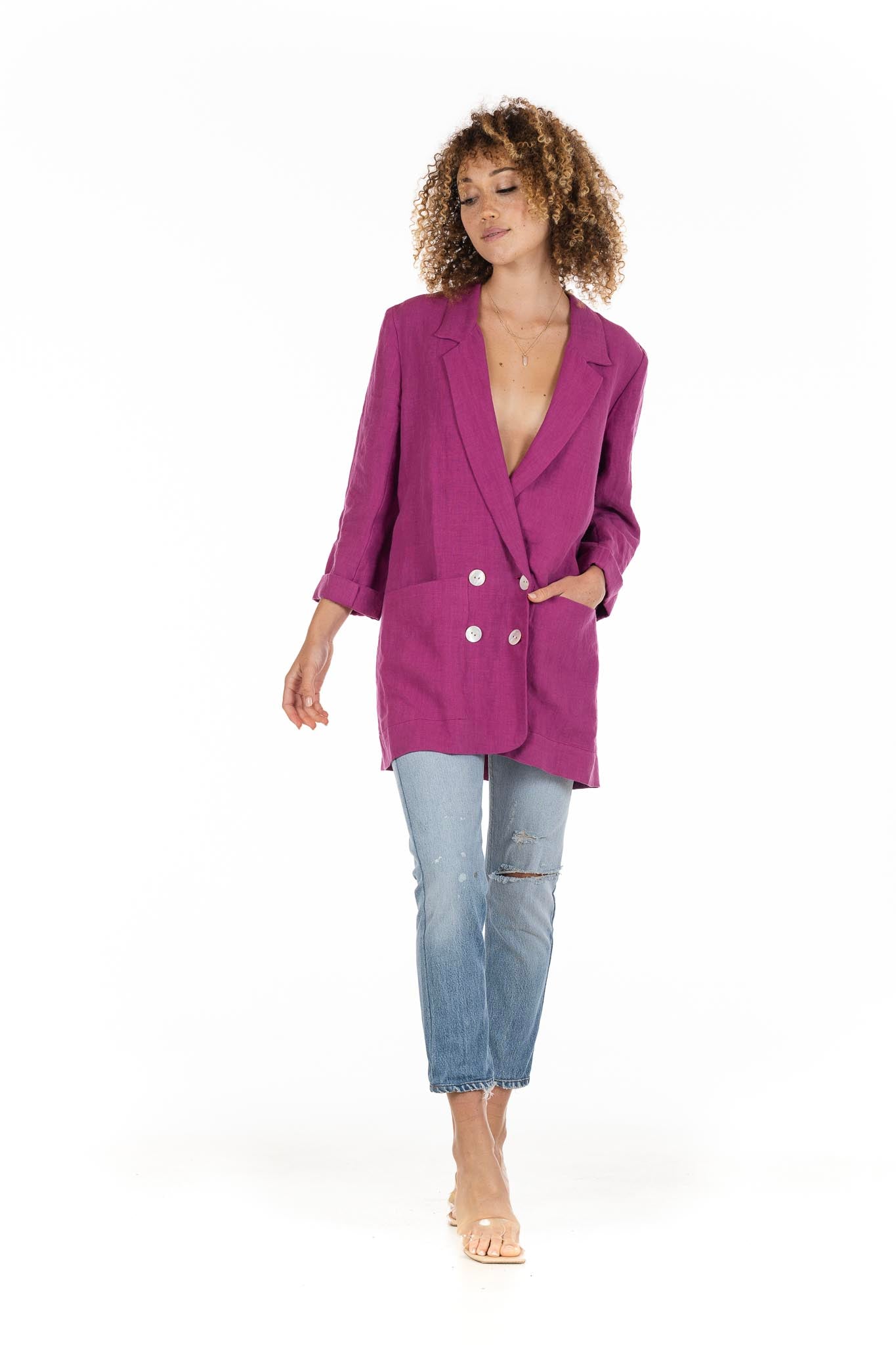 The Sydney Blazer in Pink Sapphire Linen Front